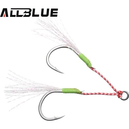 ALLBLUE 4pairs/lot Metal Jig Luminous Assist Hook With PE Line Feather Solid Ring Jigging Spoon Fishhook for 5-80g Fishing Lure