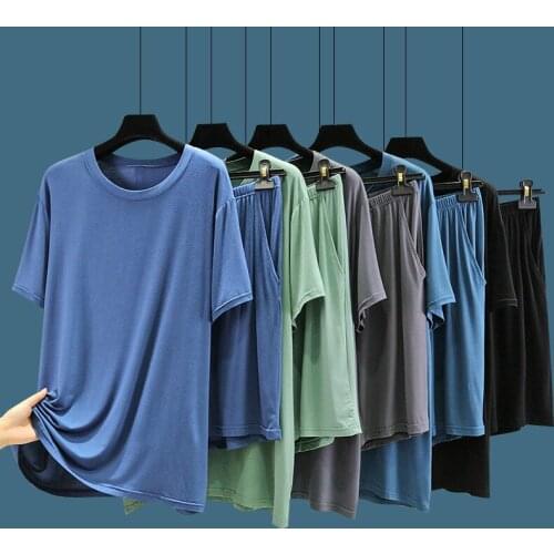 Modal mens summer short-sleeved pajamas new cotton silk loose large size pocket shorts home service ice silk suit