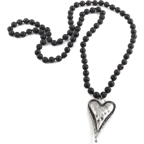 Fashion Bohemian Tribal Jewelry Black Lava Long Knotted Metal Heart Pendant Necklaces For Women