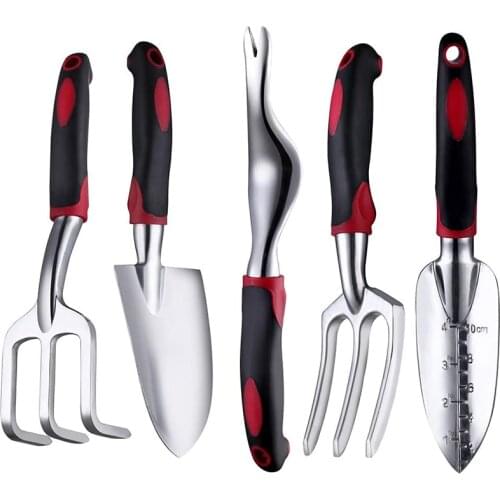 Garden Tool Set, 5 Piece Aluminum Garden Gift Tool Set with Non-Slip Rubber Handle (Black/Red)