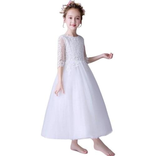 Pageant Flower Girls Dresses Kids Lace Applique Bodice Long Tulle Wedding Party Dress Formal Girls Clothing