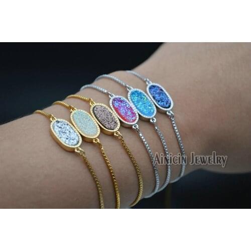 Various Colors Oval Shape Drusy Crystal Sliding Clasp Adjustable Bracelets For Fashion Women Gift Jewelry 5pcs/lot