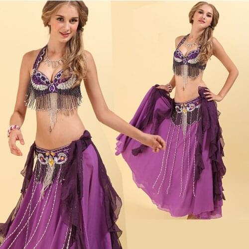 Sexy Adult Belly Dance Costume Set Bra+Belt 2 Pieces Handmade Beaded Oriental Eastern Costumes Sari Indian Clothing 34/36/38