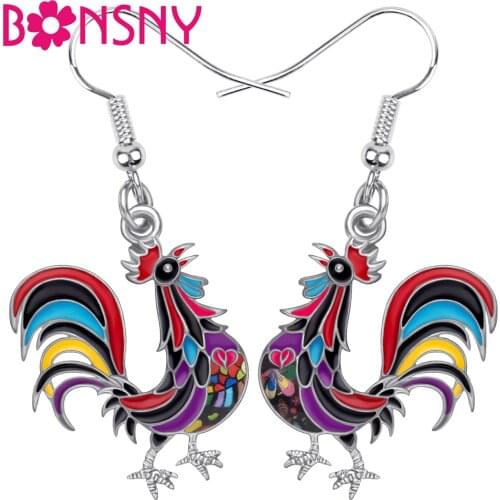 Bonsny Metal Enamel Alloy Floral Rooster Cock Earrings Lovely Animal Dangle Drop Jewelry For Women Girl Kid Birthday Gift Charms