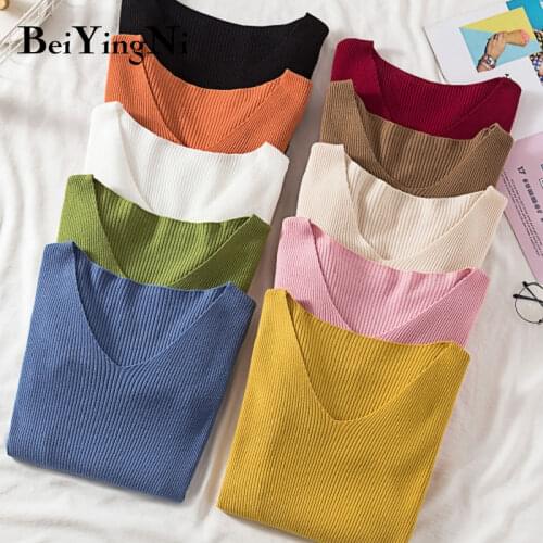 Beiyingni Women Knit V-neck Long Sleeve Sweater Korean Style Black Pink Pullovers Preppy Kawaii Soft Basic Pull Femme Clothes