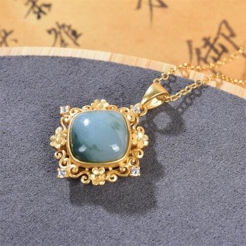 Uglyless Emerald Real Gold Lace Pendants for Women Diamond Agate Necklaces +Chain Real 925 Silver Square Gemstones Jewelry P1019