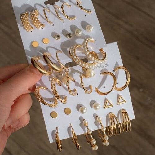 Women Earrings Geometric Gold Metal Earrings Set For Women Punk Pearl Dangle Drop Earrings 2021 Trend Set of Earrings Jewelry