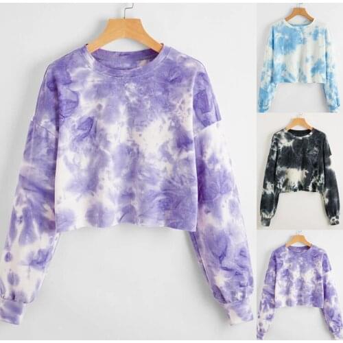 Women Tie-Dye Print Drop Shoulder O-Neck Long Sleeve Pullover Crop Tops Sweatershirt Autumn Loose Casual Sweatshirts Sudaderas