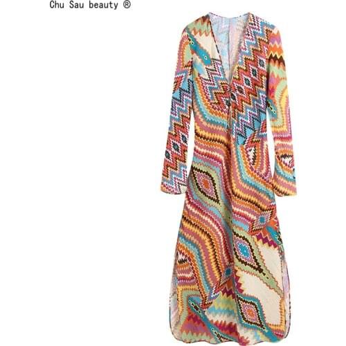 2021 Autumn New Fashion Womens Sexy V-Neck Long-Sleeve Chest Lace-Up Dress Vintage Printing Color Matching Slit Dresses Vestido