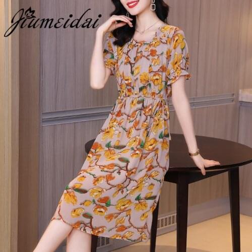 JiuMeiDai Women Summer Elegant A-Line Dress Office Lady Print Chiffon Robe Femme Vintage Designer Casual Party Clothing Vestidos