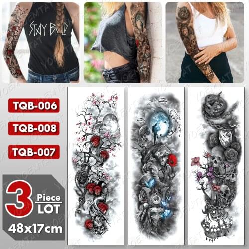3 pcs/lot Large Arm Sleeve Tattoo Skull Rose Waterproof Temporary Tatto Sticker Warrior Body Art Full Fake Tatoo Women Men