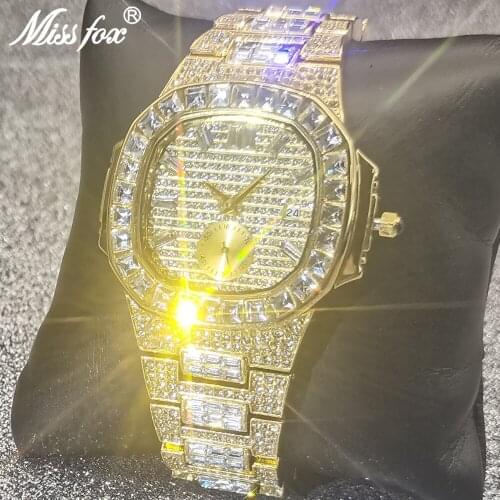 Men Watches MISSFOX Gold Iced Out AAA Diamond Luxury Top Brand Design Waterproof Dive Watch Male Clocks relogio masculino 2021