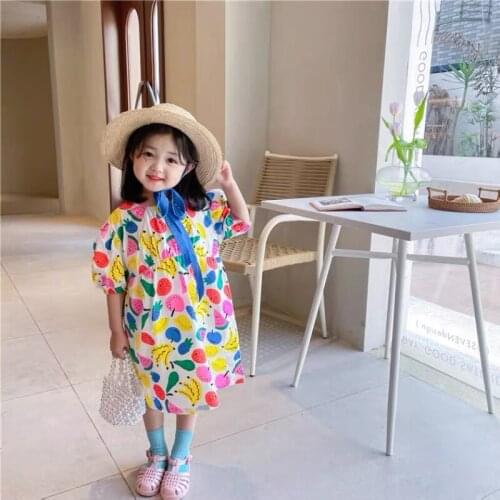 Kids Dresses for Girls 2021 Korean Style Summer Kids Girls Dress Cartoon Fruit Short Sleeves Princess Dress Children Clothes