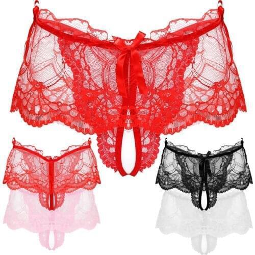 Men Transparent Lace Crotchless G-String Skirted Thong T-Back Panties Low Rise Loose Elastic Waistband Bowknot Lingerie Underwea