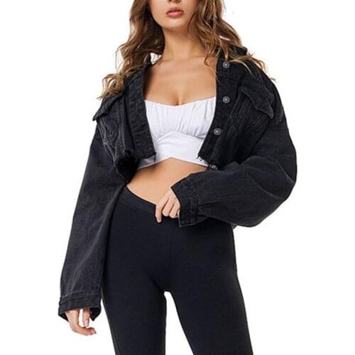 Boyfriend Jean Jacket Women Oversized Crop Denim Jacket Vintage Long Sleeve Short Coat Casual Loose Black Bomber Jacket