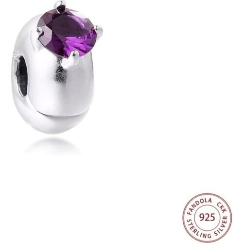Purple Round Solitaire Clip Charms Fits Pandora Bracelet Original 925 Sterling Silver Metal Beads DIY Jewelry Making 2021 New