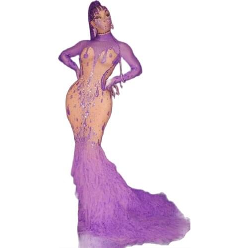 Purple Mermaid Dress Rhinestone Long Dress Women Crystal Long Sleeve Party Outfit Nightclub DJ Singer Stage Catwalk Show Costume