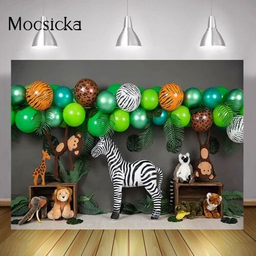 Animals Safari Party Backdrop Decor Wild Jungle Forest Kids Birthday Cake Smash Background Balloons Woodland Portrait Photocall