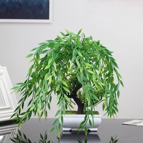 Artificial Tree Potted Fake Willow Plants Plastic Leaves Mini Desktop Bonsai Fake Pine For Home Gift Garden Festival Decoration