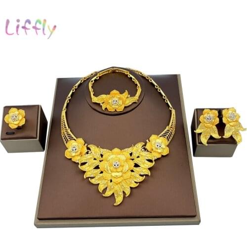 Liffly Indian Charm Bridal Wedding Jewelry Sets Flower Necklace Bracelet Earrings Ring Crystal Jewelry Party Fashion Jewelry Set