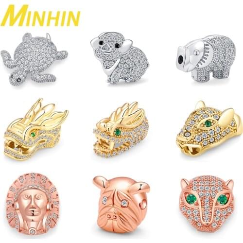 MINHIN Copper Spacer Beads Charms 4 Colors Micro Paved CZ Leopard Elephant Dog Hole Beads For Jewelry Making Hand Made Bracelet