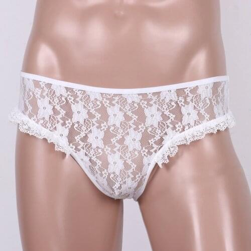 Mens Sissy Sheer Lace Jockstraps Bowknot Exotic Lingerie Panties with Crotchless Open Butt G-string Briefs Underwear