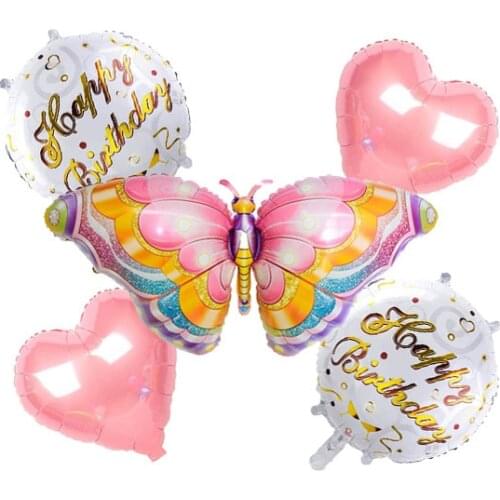 5 Pcs Butterfly Balloons Set, 2 Pieces 18 Inch Heart Mylar Balloon 2 Pieces Birthday Foil Round Balloon and for Butterfly Party