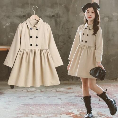 Buttons Pleated Dress for Kids Girl Students School Clothing Long Sleeve Khaki Dress size 6 8 10 12 years