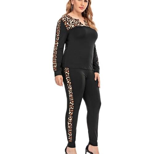 Sale Women Plus Size Two-piece Clothes Set Leopard Stitching Sportswear Outfit Pullover Long Sleeve Sweathshirt and Pant Set D30