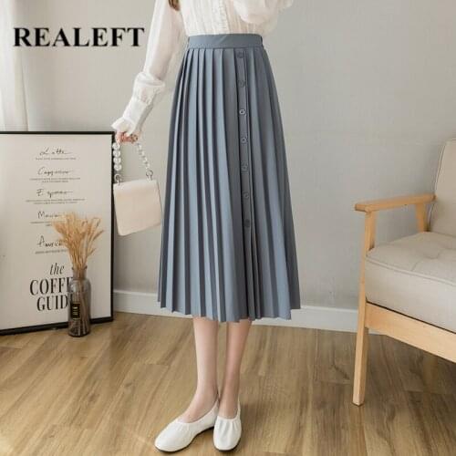 REALEFT 2021 New Womens Pleated Skirts Solid Fashionable High Waist Single Breasted Elegant Female Midi Skirts Spring Summer