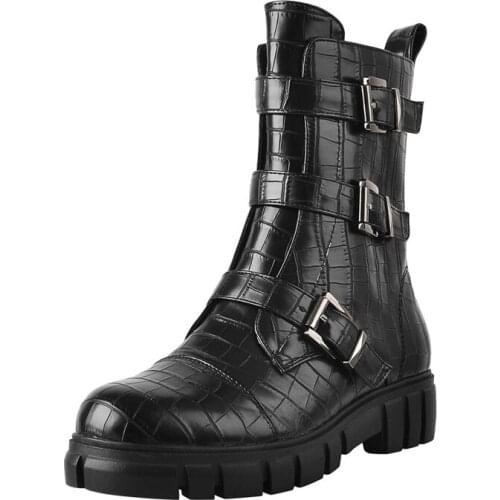 Richealnana Round Toe Boots Low Heels For Women Metal Buckle Decoration Crocodile Print Ankle Boots Zipper Comfortable Big Size