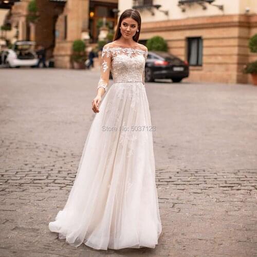 Sexy Off Shoulder A-Line Wedding Dresses With Long Sleeves Lace Tulle Beach Bride Gowns Boho Princess Wedding Party Dress 2021