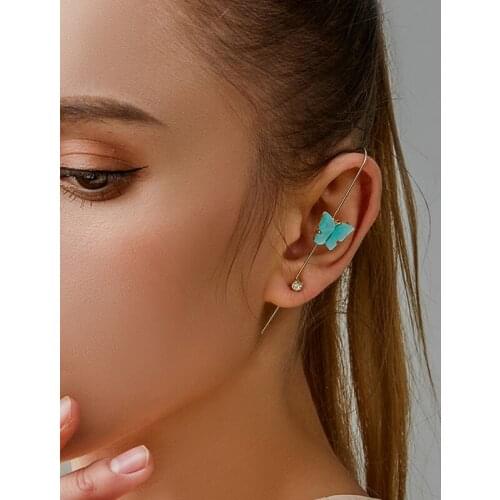 New Butterfly Ear Needle Wrap Crawler Hook Earrings for Women Surround Auricle Diagonal Zircon Piercing Earrings