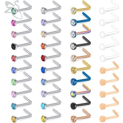 ZS 70pcs/lot 3MM Round CZ Crystal Nose Piercing 20g Colored Stainless Steel Nose Stud L-shape Screw Bone Pin Nostril Piercings