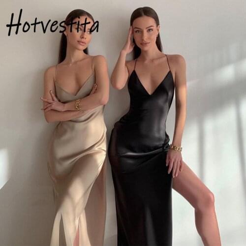 Hotvestita Sexy Satin Slip Dress V Neck Backless Bodycon 2021 Fashion Summer Women High Split Elegant Party Club Maxi Dresses