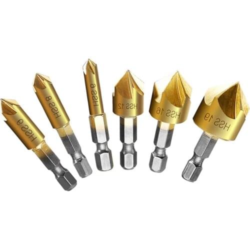 6pcs Hexagonal Shank Titanium Coated Drill Bit 5 Flutes HSS Countersink Chamfer 1/4 Hex Shank Wood Chamfer Cutter 6-19mm Tool