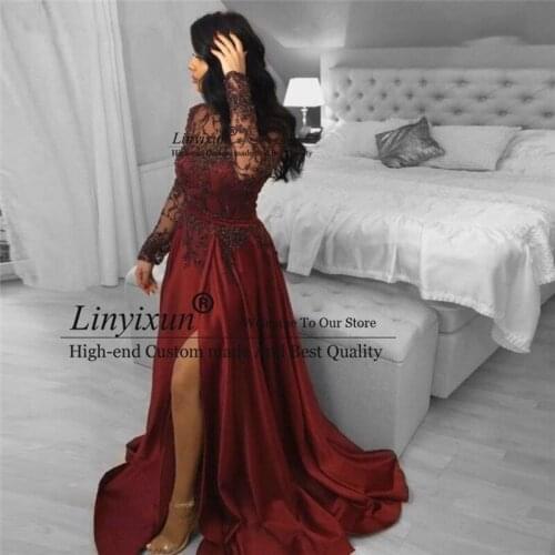 Dark Red Plus Size Evening Dress vestidos de fiesta Illusion Long Sleeve Beading Lace Leg Slit Long Formal Prom Dresses