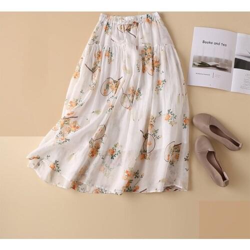 Summer Women Ramie Skirts Loose A-Line Pleated Floral Printed Office Ladies Elegant Casual Vintage High Waist Pocket Drawstring