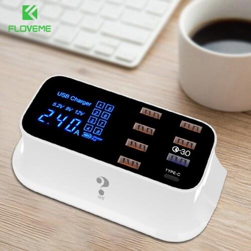 FLOVEME LED Display 8 USB Ports EU/US/UK Quick Charge Type-C QC 3.0 USB Charger For iPhone 11 Xiaomi Phone Fast Charger Adapter