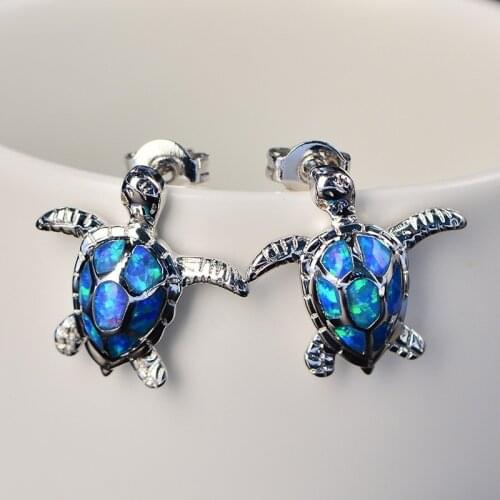 Blue/Purple/Green/White/Pink 1Pair Women Cute Crystal Rhinestone Fire Opal Animal Tortoise Jewelry Enamel Piercing Stud Earrings