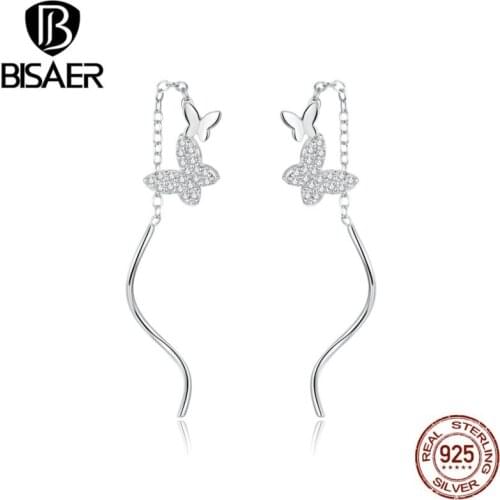 BISAER Brincos 925 Sterling Silver Flying Butterflies Stud Earrings for Women Long Simple Fashion Earrings Fine Jewelry EFE436