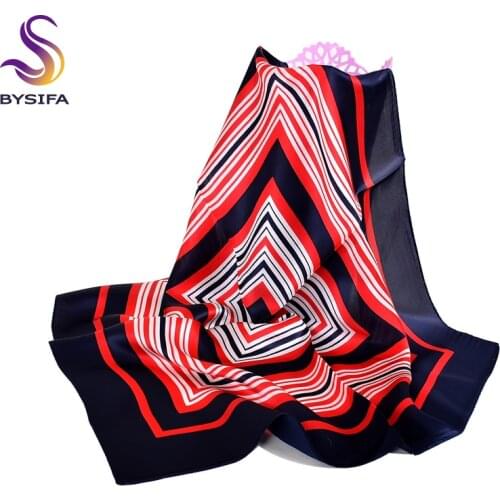 BYSIFA Navy Blue Small Square Scarves Women New Red Striped Silk Scarf Spring Autumn Winter Fashion 100% Silk Scarf Neck Scarf