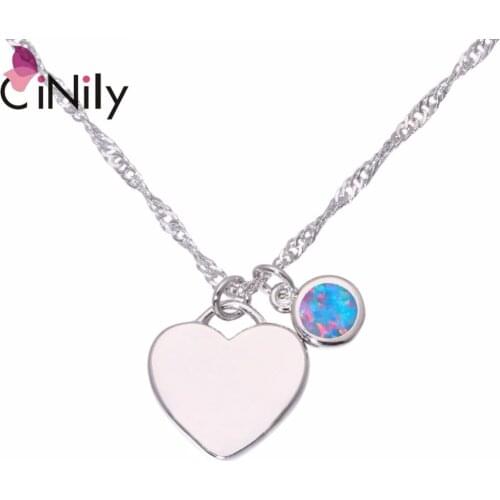 CiNily Created Rainbow Green Fire Opal Silver Plated Wholesale Hot Heart for Women Jewelry Gift Necklace Pendant 17 3/4" OL62-63