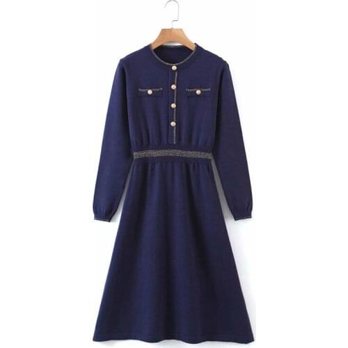 Evfer Women Fashion Decorative Button Autumn Za Knitted Long Dresses Chic Lady Elastic High Waist Long Sleeve ONeck Sprint Dress