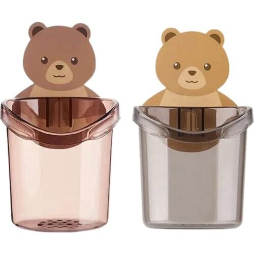HOT 2 Pcs Creative Storage Cup Bathroom Toothpaste Toothbrush Holder Free Punch Wall Hanging Bathroom Bear Storage Rack