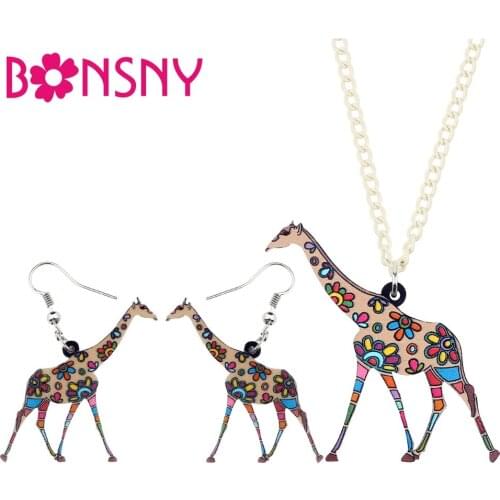 Bonsny Statement Acrylic Cartoon African Giraffe Earrings Necklace Jewelry Sets Fashion Jungle Animal Jewelry For Women Girls