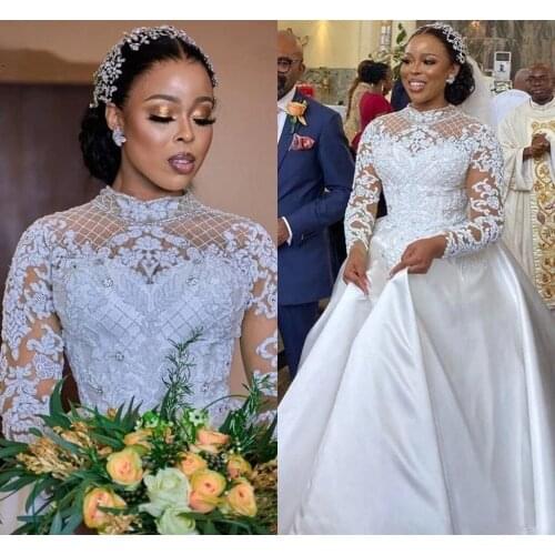 Crystal Satin Wedding Dresses Long Sleeves Vestidos Mariee 2021 African Country Garden Bridal Gowns Gorgeous Lace Applique