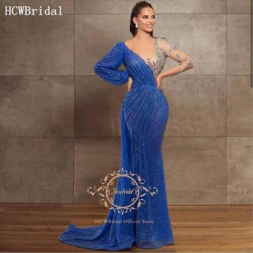 Glitter Blue Long Sleeves Mermaid Arabic Evening Dress V Neck Beading Sheer Plus Size Prom Gowns Long Women Pageant Dresses