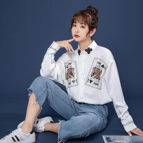 Fashion Temperament Loose White Blouse Women Spring Autumn Plum Embroidery Lapel Womens Blouses Shirt BF Style Cardigan Tops