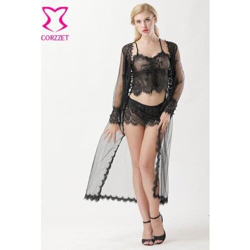 Black Transparent Mesh And Floral Lace Nuisette Sexy Lingerie Set Erotic Underwear Women Nightwear Lenceria Erotica Sleepwear